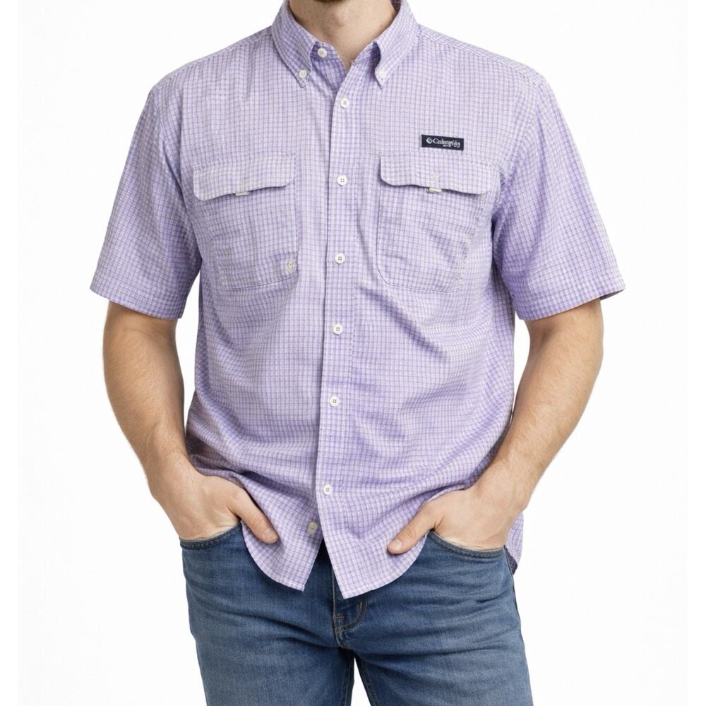 Columbia Super Bahama PFG Omni-Shade XL Fishing Shirt Blue Pink Check Nylon